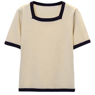 大码方领短袖T恤女薄款胖妹妹冰丝针织衫百搭正肩上衣胖mm夏季ins