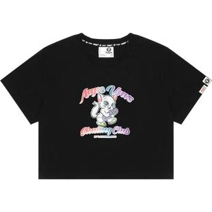 Aape女装春夏滑板小猫彩虹闪粉字母印花短款修身短袖T恤1508XXM