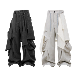 RELABEL(涟袋)亚麻定织虚实层叠水滴涟漪多袋可拆卸屁帘休闲西裤