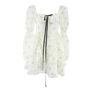 下蛋喵2022春夏清新绿色花朵烧花双层长袖绑带纱裙小礼服裙连衣裙