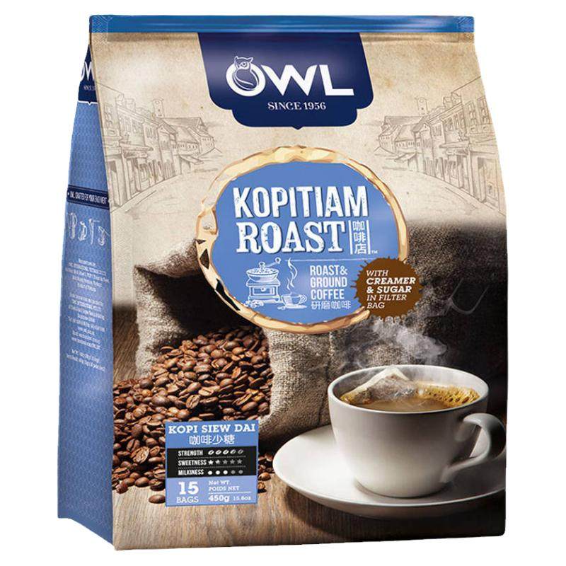 马来西亚进口owl猫头鹰咖啡减少糖研磨袋泡三合一原味450g 15袋装