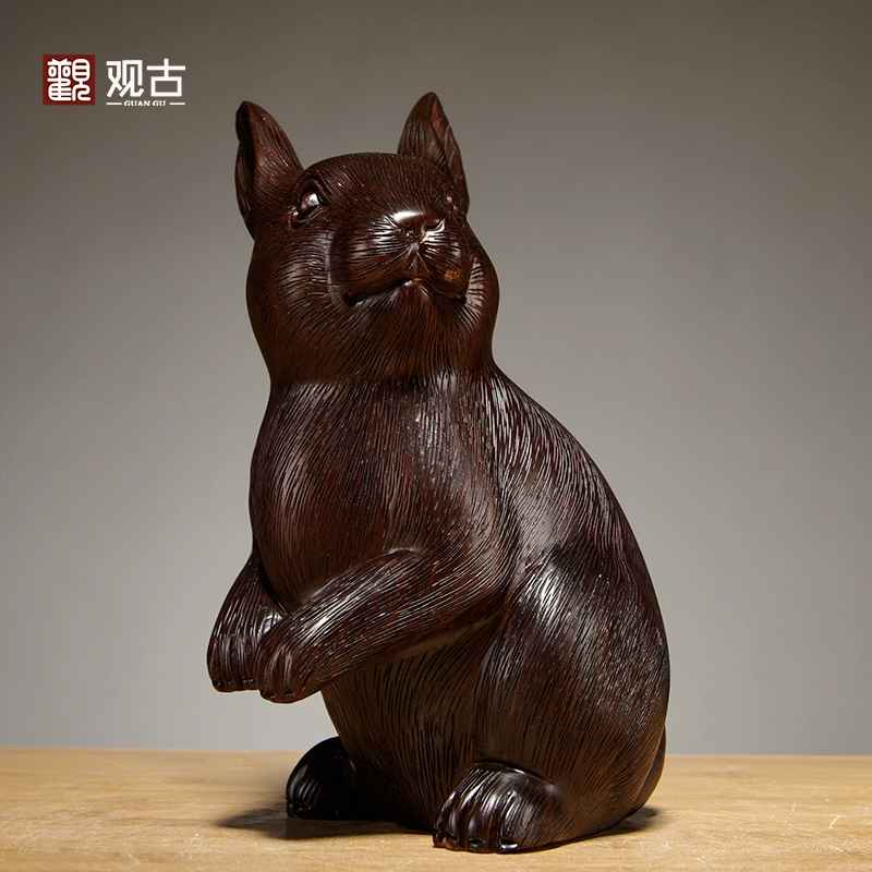 黑檀木雕十二生肖兔子摆件实木质雕刻兔红木家居装饰工艺品送礼品