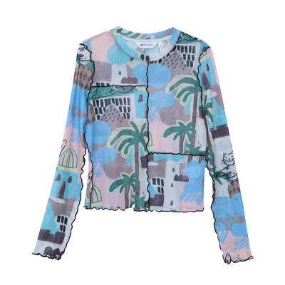 MOVEUP幻走2026春季新款.FUN系列圆领网布印花打密边短款T恤女