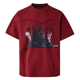 陈奕恒同款PASET重磅纯棉朋克复古做旧印花短袖T恤男宽松圆领上衣