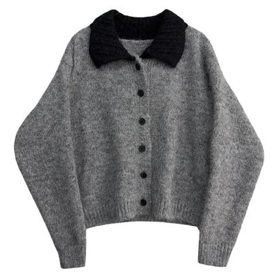 法式温柔小香风翻领毛衣撞色