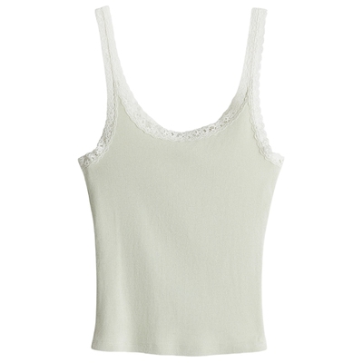 HM女装吊带春季美式低圆领修身蕾丝边无袖背心1274285