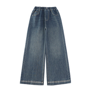 女童牛仔裤秋冬款一体绒加绒加厚冬季阔腿裤学生冬天直筒儿童裤子