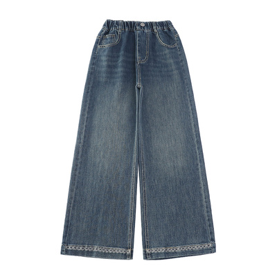 女童一体绒牛仔裤直筒阔腿裤冬装