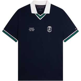 Tommy26春夏新款男纯棉学院徽章复古撞色镶边V领宽松短袖T恤POLO