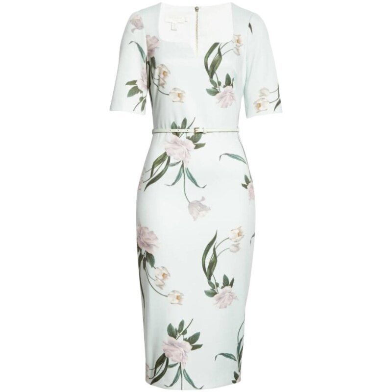 TED BAKER短袖连衣裙包臀裙修身H型浅绿印花碎花清新淑女英国代购