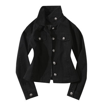 大于诗集 摩登回响 复古翻领黑色做旧夹克女显瘦短款休闲外套早春