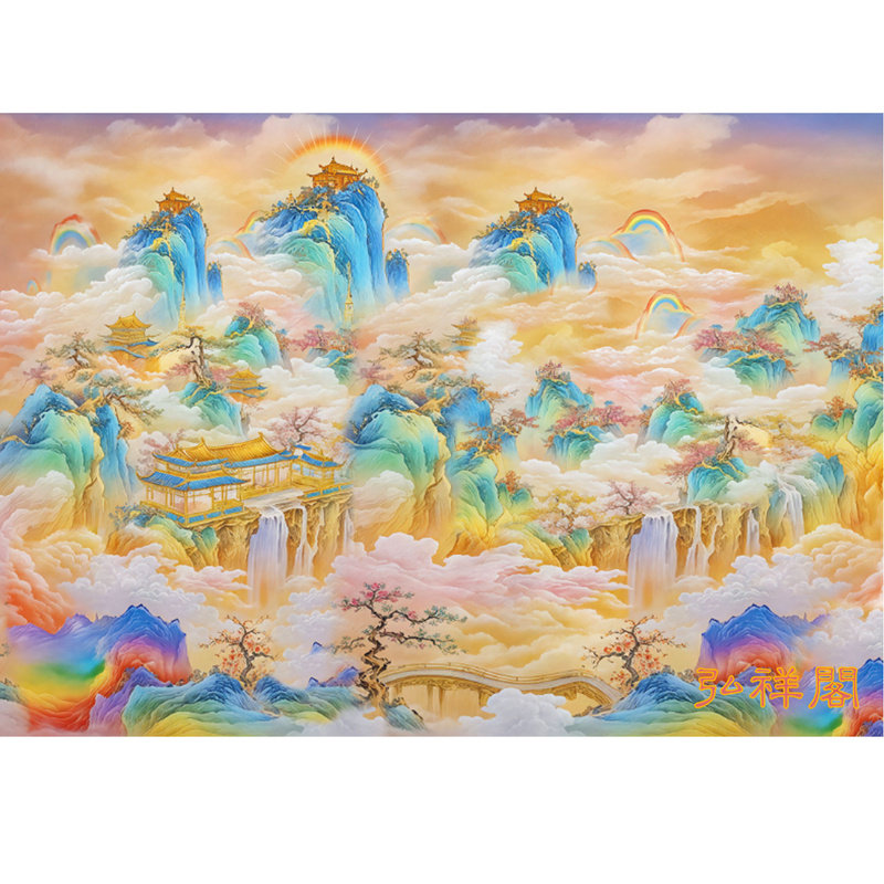 佛道仙天宫仙境祥云禅意山水楼阁堂单口玄关装饰无活物墙布壁画纸