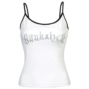 GUUKAHERO白色烫钻大U领背心女夏季性感辣妹修身百搭无袖短款上衣