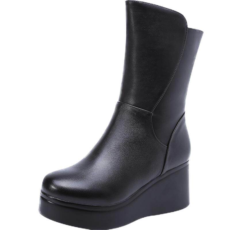 2025冬季新款头层牛皮女靴加绒保暖软底舒适休闲高跟女鞋靴皮鞋