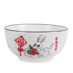 中式卡通米饭碗十二生肖碗套装亲子碗大号5英寸创意家用陶瓷碗勺