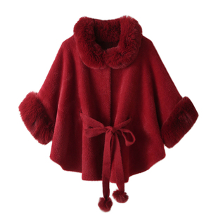 斗篷披肩仿水貂绒大毛领外套女冬季新年红战袍保暖大衣搭旗袍毛衣