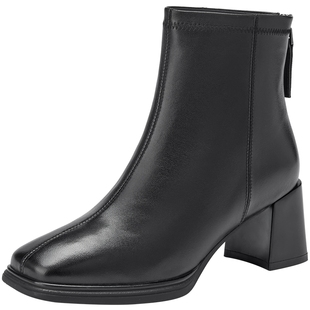 热风高跟时装靴女2025年冬季新款百搭通勤黑色短靴粗跟方头靴子女