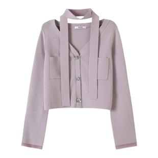 SNIDEL春夏款甜美系带V领钻扣针织开衫短款上衣SWNT251302