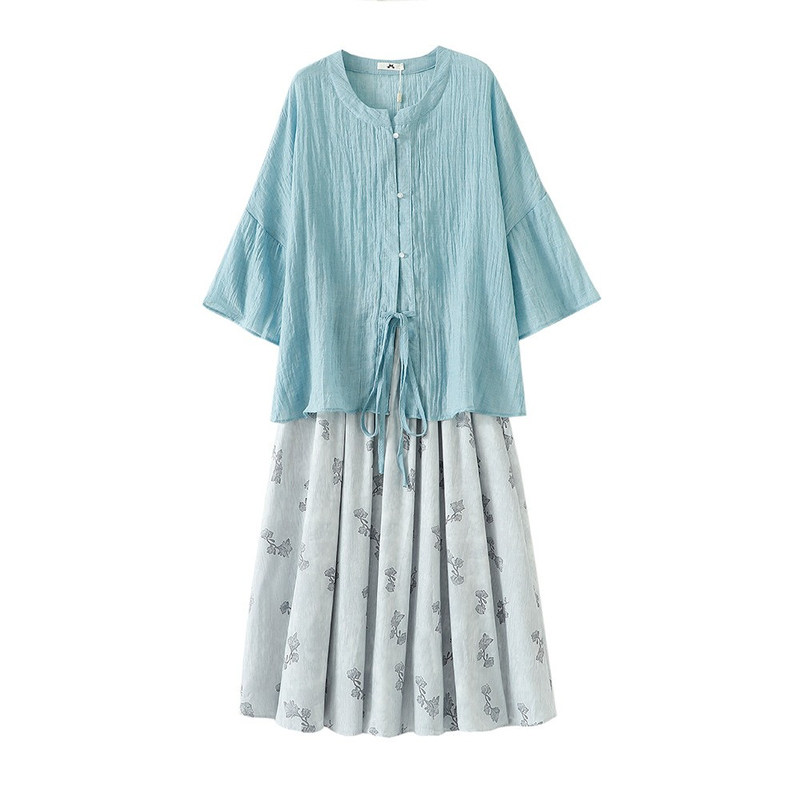 特大码新中式夏衬衫半身裙套装女