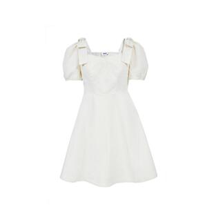 绫致ONLY2025春夏复古蝴蝶结纯色高腰泡泡袖伞裙短裙连衣裙女