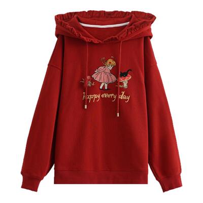 森女部落甜美风卡通刺绣纯棉显白连帽卫衣女2025新款秋季宽松上衣