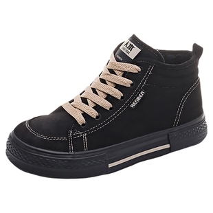 人本帆布鞋女款二棉鞋2025秋冬新款厚底加绒保暖高帮女鞋韩版棉靴