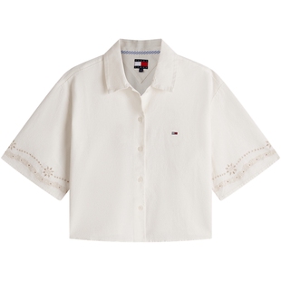 Tommy26春夏新款女轻薄棉亚麻混纺复古镂空字母刺绣宽松短袖衬衫