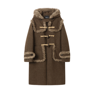 白口阳【霍比特人】复古格纹拼接绒边牛角扣加棉羊毛呢大衣外套