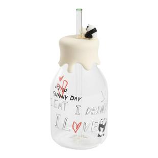 tbh野兽派家居熊猫嘭嘭玻璃奶瓶吸管杯办公室喝水杯礼盒装送人