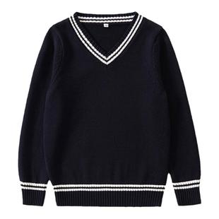 小学生纯棉校服男童鸡心领洋气毛衫女童藏青色长袖针织衫儿童毛衣
