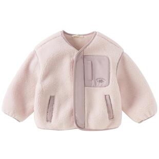戴维贝拉儿童毛绒外套2026春装新款女童休闲撞色男童拼接上衣A类