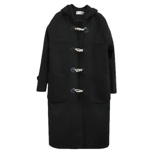 牛角扣毛呢外套女中长款冬连帽学生呢子毛呢大衣女小个子大码