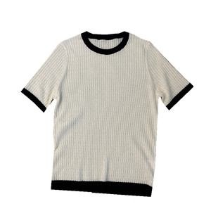 显瘦舒适亲肤绞花撞色弹力修身绵羊毛短袖针织衫圆领套头衫女春款