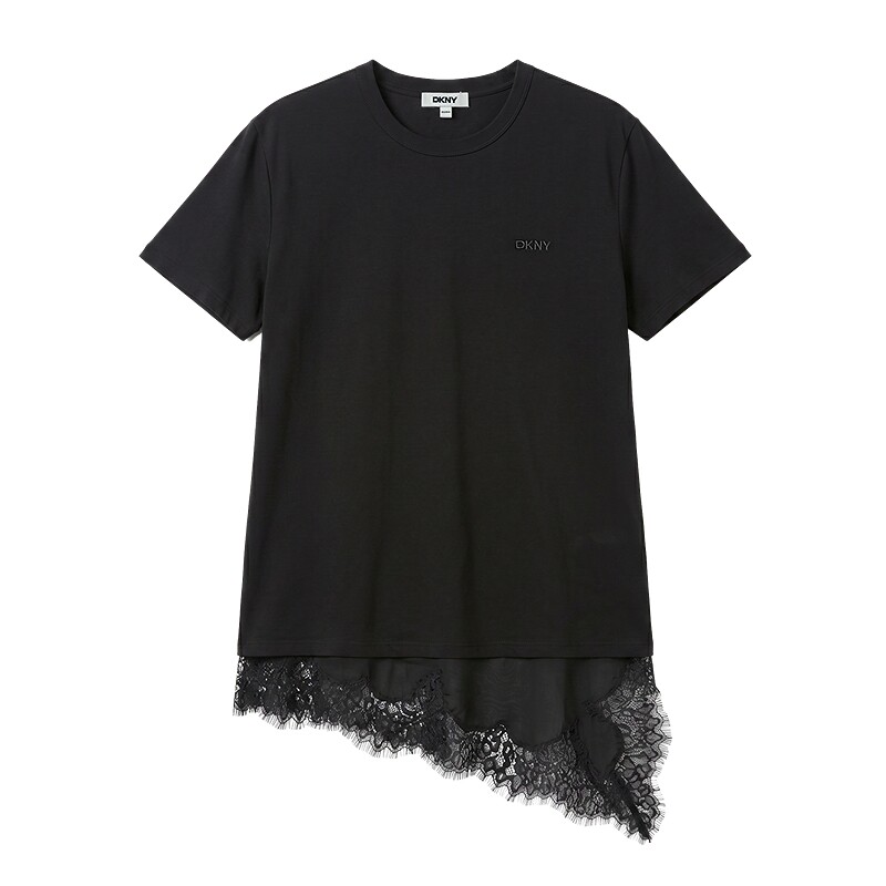 【100%棉】DKNY唐可娜儿26短袖T恤女蕾丝拼接鱼骨袖上衣休闲简约