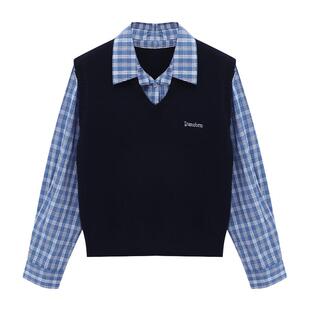 Basic House/百家好格子衬衫假两件上衣春季新款纯色马甲短款毛衣