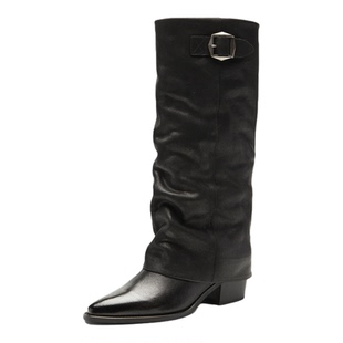 Nine West/玖熙不过膝长筒靴女裤管靴粗跟冬季加绒尖头骑士堆堆靴