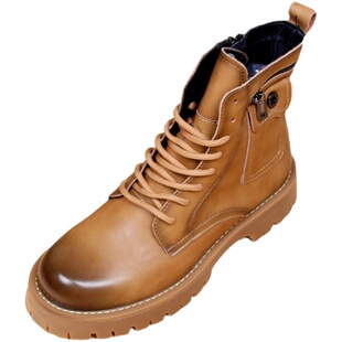 中帮工装靴子男真皮内增高马丁靴英伦中筒皮靴加绒厚底休闲大黄靴