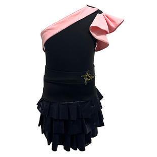 拉丁舞服女童单肩上衣带花边开叉加亮无骨半身裙艺考表演套装黑色