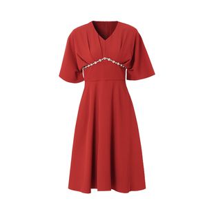 海青蓝 设计感女装连衣裙2025年新款夏季v领褶皱拼接短袖a字裙子