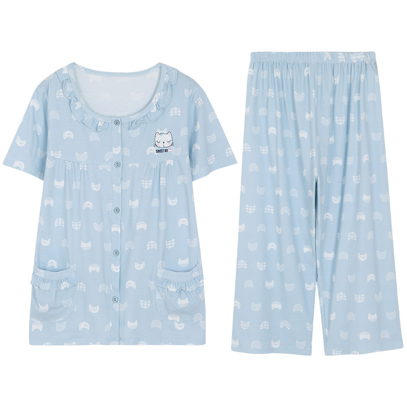 睡衣女夏短袖七分裤中年妈妈纯棉薄款开衫全棉宽松家居服两件套装