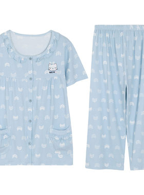 睡衣女纯棉七分裤妈妈家居服套装