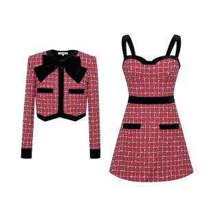 Maison Wester春季卢昱晓跨年晚会同款红色格纹小香风连衣裙