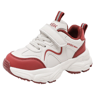 ASK秋冬季透气男女童鞋跑步皮面加绒轻便儿童小白运动老爹鞋子轻