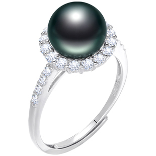 黛米珠宝 星渺 8-9mm海水大溪地黑珍珠戒指 S925银太阳花指环女