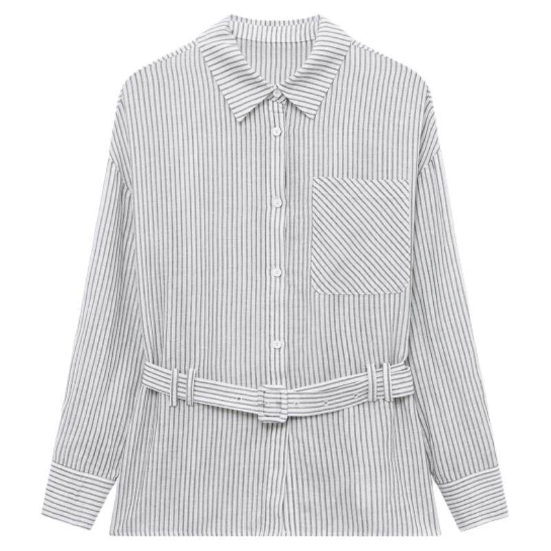 Basic House/百家好polo领黑白条纹收腰衬衫春新款莱赛尔短款上衣