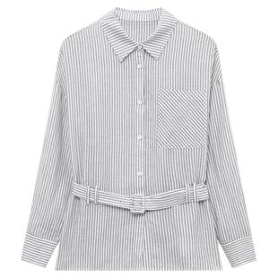 Basic House/百家好polo领黑白条纹收腰衬衫春新款莱赛尔短款上衣