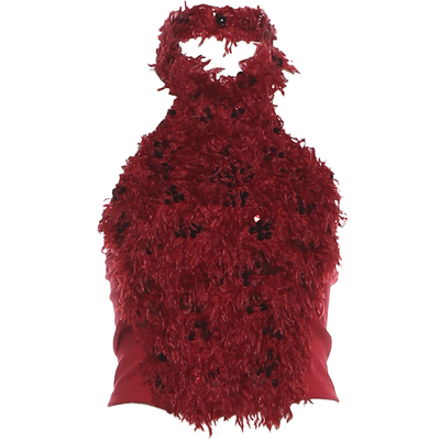 辣妹风毛毛亮片修身挂脖背心女潮