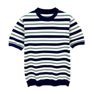 休闲男款上衣修身针织短袖男 夏季新款复古拼色条纹打底圆领t恤男