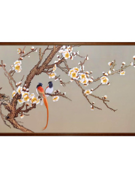 u作【梅花双雀图】手绘油画客厅沙发背景墙装饰画中式中古风挂画