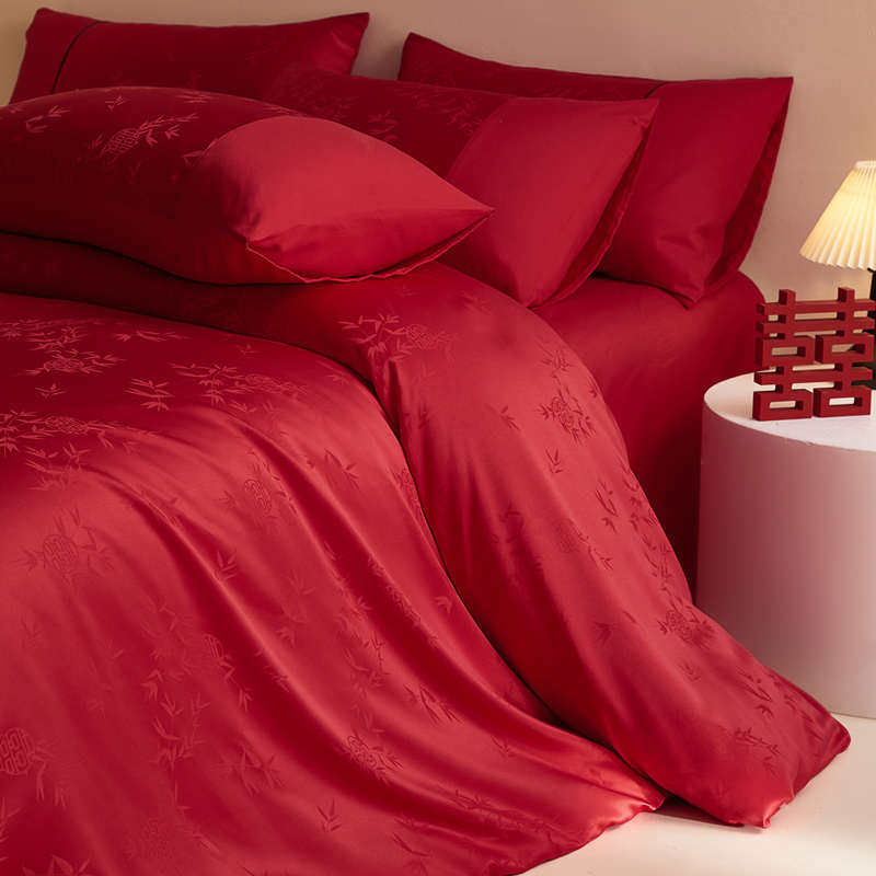 100S长绒棉结婚四件套红色竹子提花纯棉被套床单全棉被囍床上用品